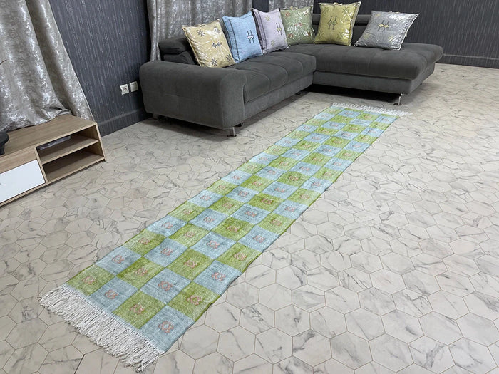 Checkered Bliss by Bazarugs — Authentic Natural Cactus Silk Rug, 2x10 ft