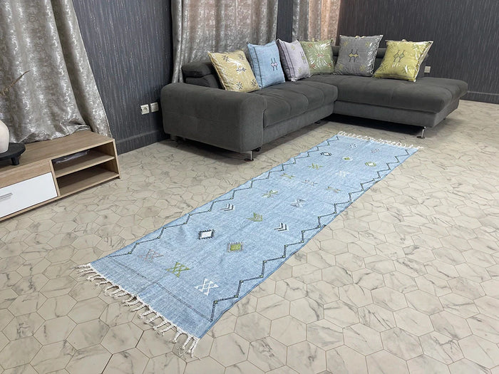 Bazarugs Azure Breeze — Handwoven Natural Cactus Silk Rug, 2x9 ft