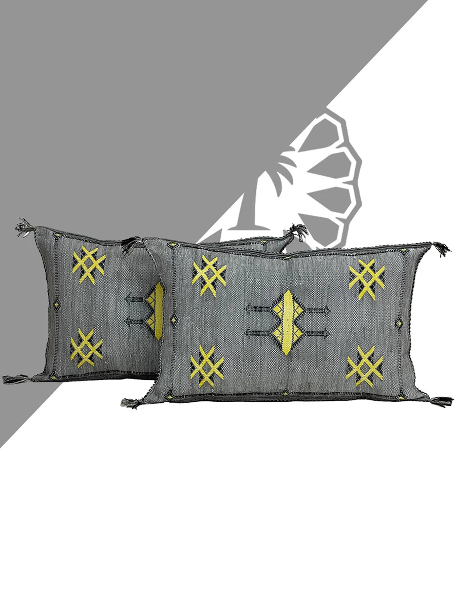 Grey Handwoven Moroccan pillow with colorful Berber patterns