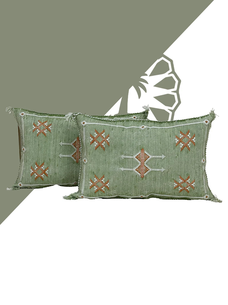 green Handwoven Moroccan pillow with colorful Berber patterns