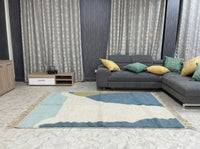 Custom Size Beni Ourain Rug - Handwoven Moroccan Wool Geometric Blue & Cream