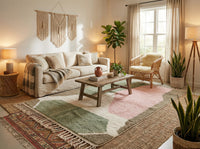 Cozy master bedroom featuring a plush made-to-order Moroccan Berber rug in sage and pink tones placed under a bed.