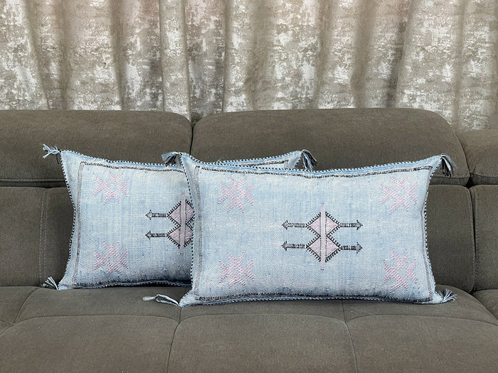 Bazarugs Boho - Blue Serenity — Handwoven Moroccan Cactus Silk Throw Pillow Cover