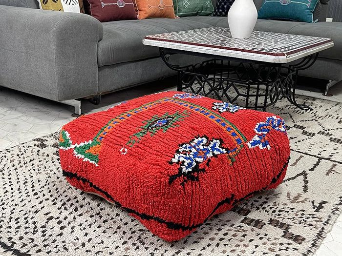 Ya Zina Scarlet Kilim Pouf by Bazarugs — Handmade Moroccan Ottoman