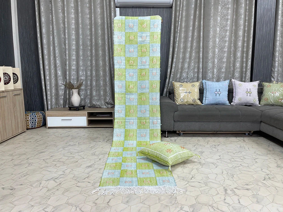 Checkered Green and blue cactus silk Rugs