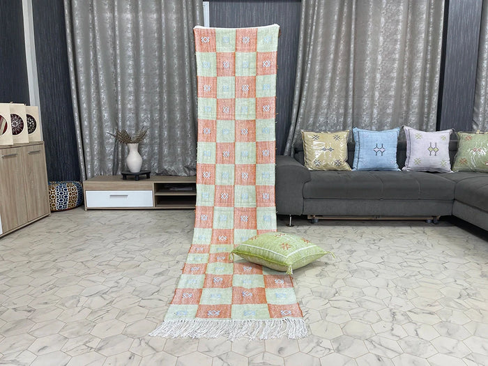 Checkered Orange and Green cactus silk Rugs