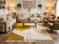Large custom Moroccan wool rug featuring sunny yellow diamonds placed under a king-size bed in a bright, bohemian style bedroom setting.