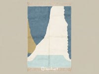 Custom Size Beni Ourain Moroccan Rug flat lay, handwoven geometric diamond pattern in Dusty Blue, Aqua Haze, Sand, and Soft White wool showing plush texture and traditional fringe.