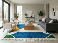 Large custom Moroccan shag rug anchoring a contemporary living room, placed under a coffee table surrounded by neutral linen sofas and bohemian decor accents.