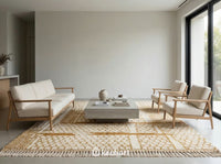 Cozy minimalist bedroom with a fluffy custom Moroccan Berber rug on hardwood floors beneath a platform bed