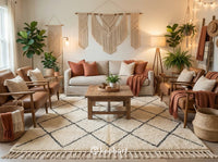 Custom size Moroccan Beni Ourain rug anchoring a modern bohemian living room with a neutral linen sofa and rustic wood coffee table.