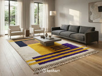 Plush Beni Ourain wool rug placed beneath a king-size bed in a serene bedroom setting, offering soft texture underfoot with its colorful geometric design.
