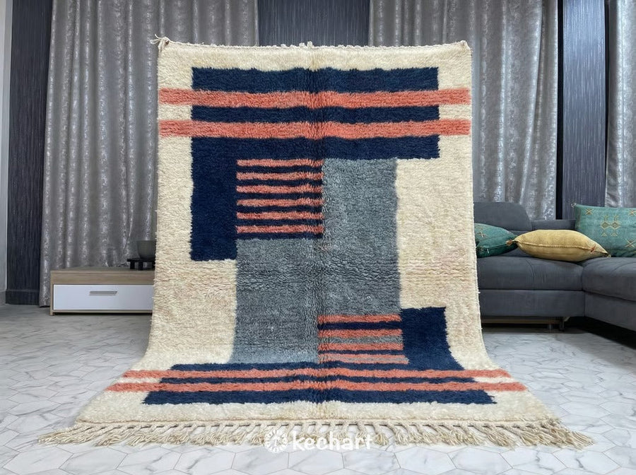 Custom Beni Ourain Rug - Made to Order Moroccan Wool with Blue Diamond Pattern