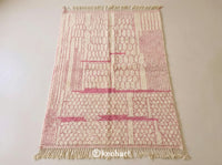 Custom Beni Ourain Moroccan Rug Handwoven Cream Wool with Pink Diamond Pattern and Traditional Fringe Flat Lay