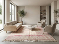 Large Custom Moroccan Shag Rug with Pink Geometric Diamonds Anchoring a Modern Bohemian Living Room with Neutral Sofa